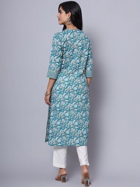 Largish Cotton Turquoise Foil Floral Print Kurta