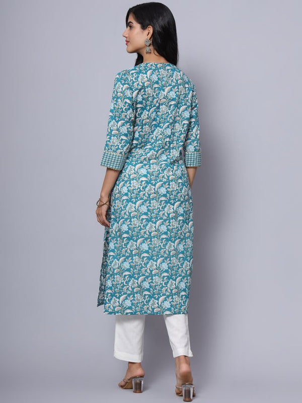 Largish Cotton Turquoise Foil Floral Print Kurta
