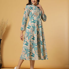 Largish Women's Green Printed Cotton Anarkali Flared Dress