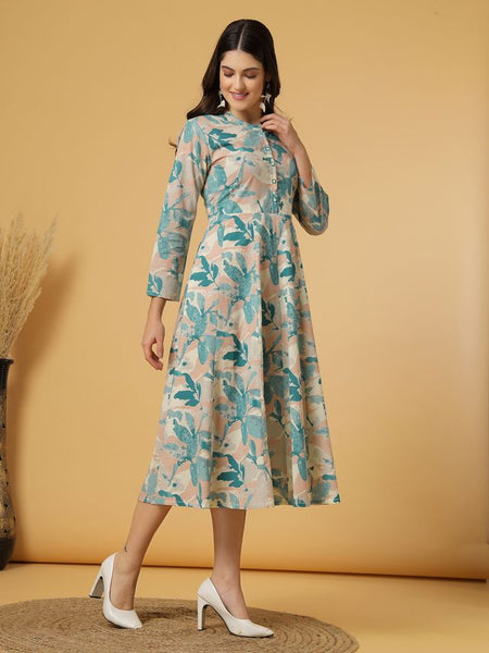 Largish Women's Green Printed Cotton Anarkali Flared Dress