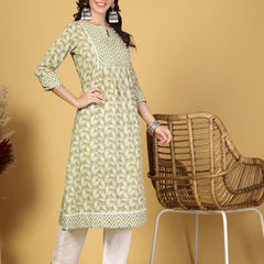 Largish Women's Light Green Floral Print Cotton A-Line Kurta