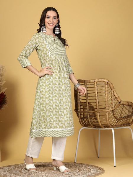 Largish Women's Light Green Floral Print Cotton A-Line Kurta