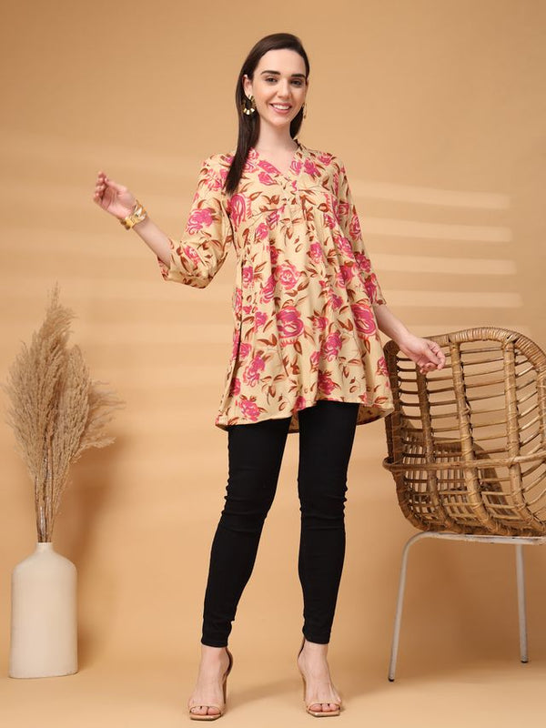 Largish Beige Floral Printed Kurta for Women