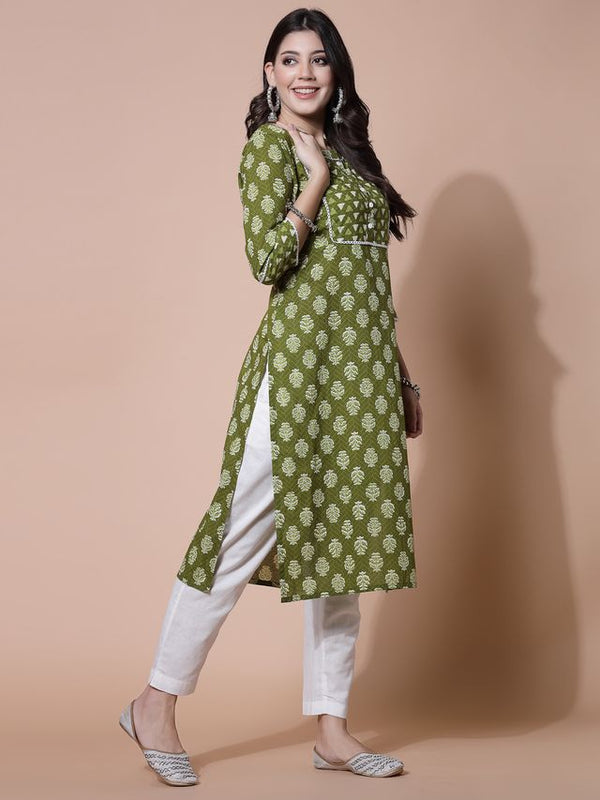 Largish Green Floral Print Straight Kurta
