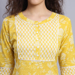 Largish Yellow Floral Print Straight Kurta