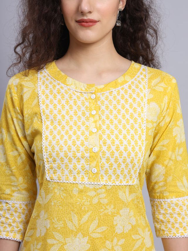 Largish Yellow Floral Print Straight Kurta