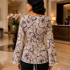 Gen Z inspired Beige floral bell sleeve fitted Kurti with square neck and lace trim.