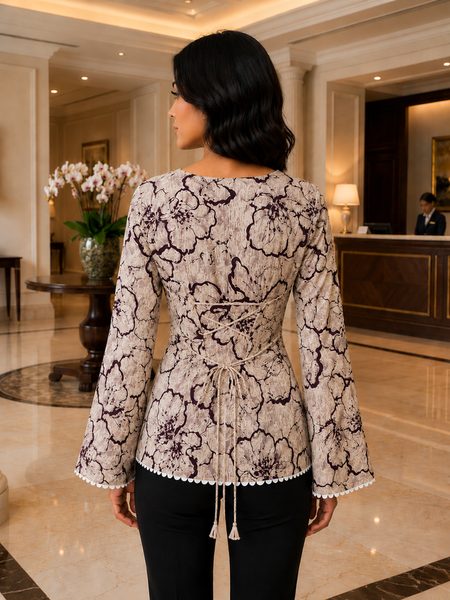 Gen Z inspired Beige floral bell sleeve fitted Kurti with square neck and lace trim.