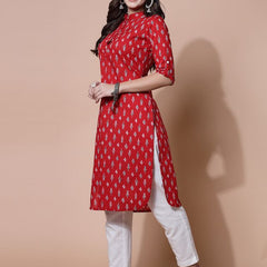 Largish Women's Red Cotton Printed Pathani Kurta