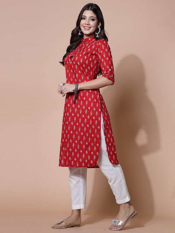 Largish Women's Red Cotton Printed Pathani Kurta