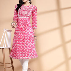Largish Women's Pink Cotton Printed Nayra Cut Straight Kurta