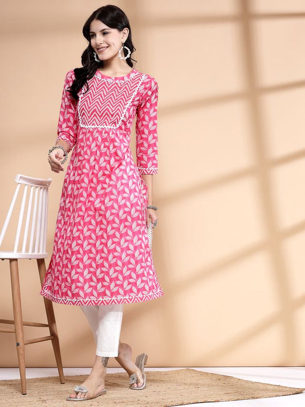 Largish Women's Pink Cotton Printed Nayra Cut Straight Kurta