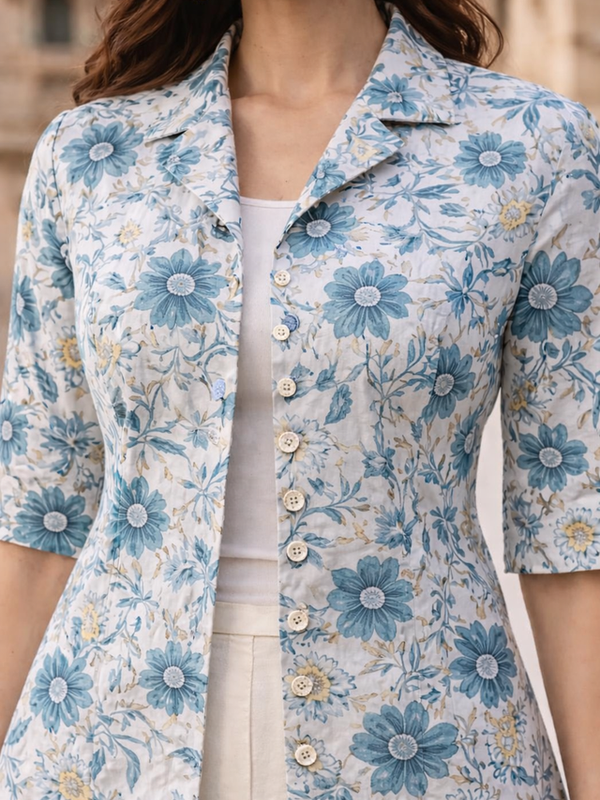Largish Women's Off White Floral Print Cotton Coat Collar Shrug