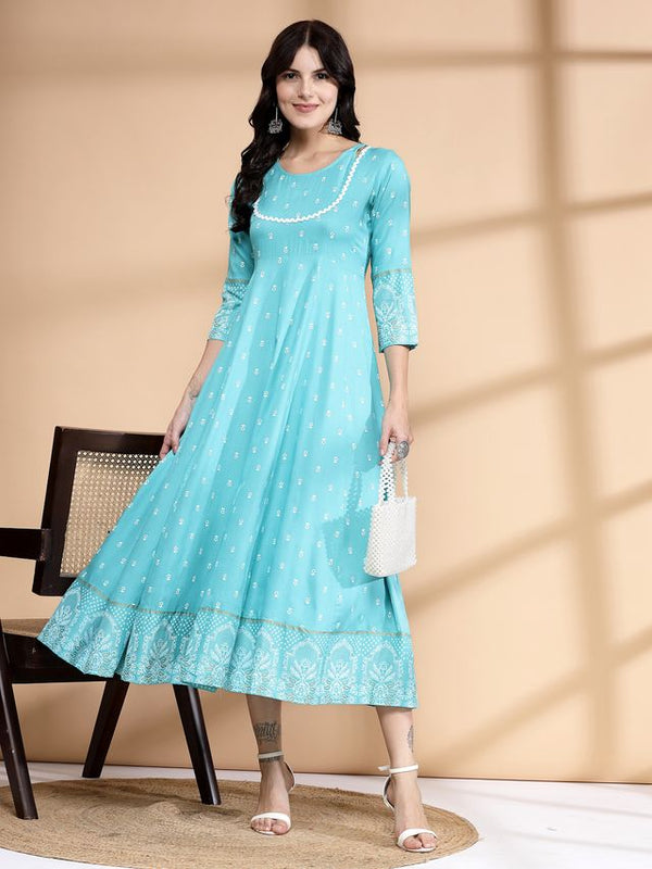 Largish Rayon Pigment print Sky blue Anarkali full maxi Dress