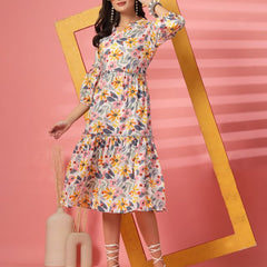 Largish Off White Cotton Floral Print Tiered and Flared A-line Dress