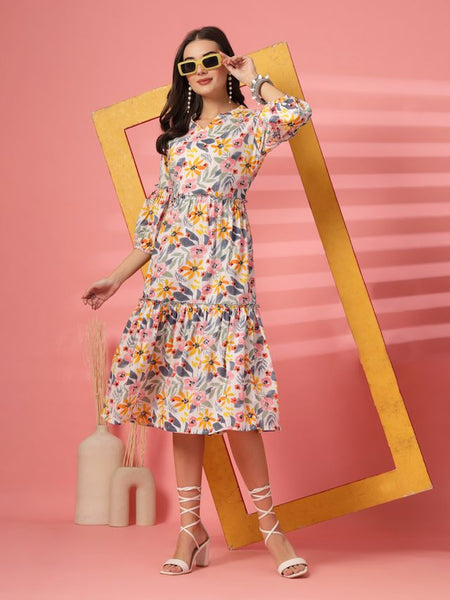 Largish Off White Cotton Floral Print Tiered and Flared A-line Dress