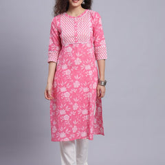 Largish Pink Floral Print Straight Kurta