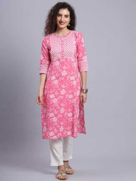 Largish Pink Floral Print Straight Kurta
