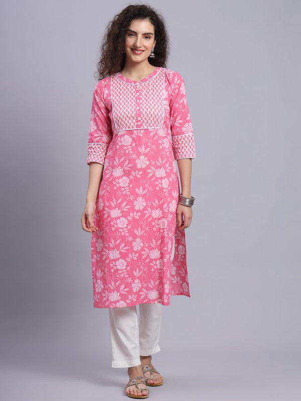 Largish Pink Floral Print Straight Kurta