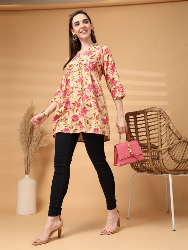 Largish Beige Floral Printed Kurta for Women