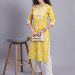 Largish Yellow Floral Print Straight Kurta