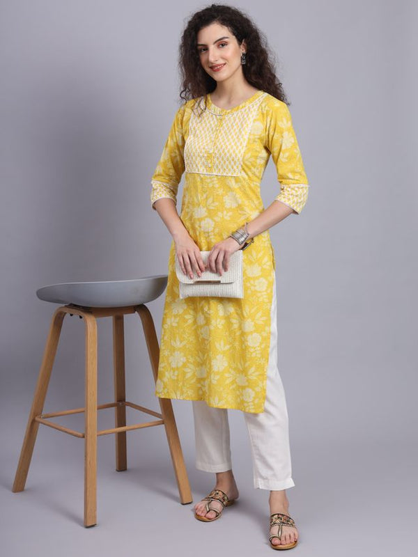 Largish Yellow Floral Print Straight Kurta