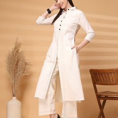 Largish Elegant Off-White Cotton Long Kurti with Front Button Detailing With palazzo pant Co'ord Set