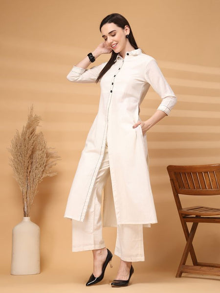 Largish Elegant Off-White Cotton Long Kurti with Front Button Detailing With palazzo pant Co'ord Set