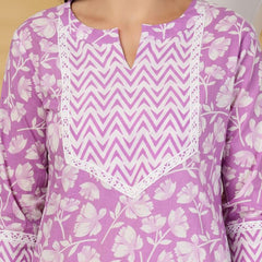 Largish Lavender Blossom Printed Cotton Kurta with Chevron Yoke