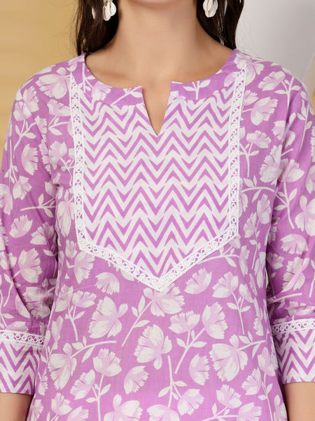 Largish Lavender Blossom Printed Cotton Kurta with Chevron Yoke