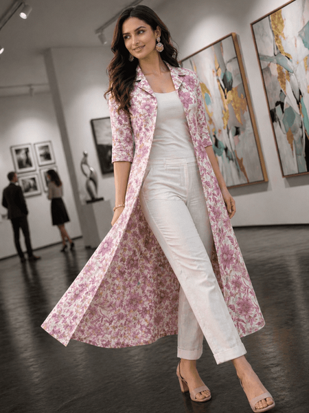 Largish Women's Rose Pink Floral Print Cotton Coat Collar Shrug