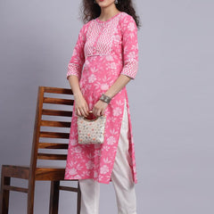 Largish Pink Floral Print Straight Kurta