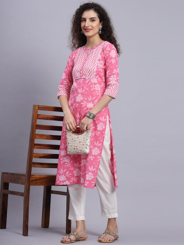 Largish Pink Floral Print Straight Kurta