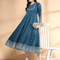 Largish Rayon Pigment print Teal blue Anarkali full maxi Dress