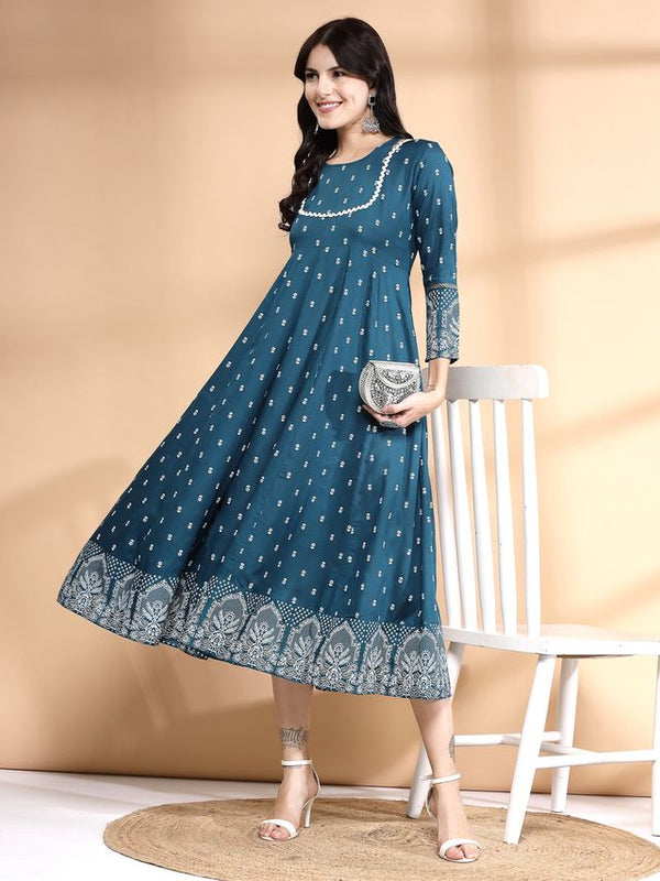 Largish Rayon Pigment print Teal blue Anarkali full maxi Dress