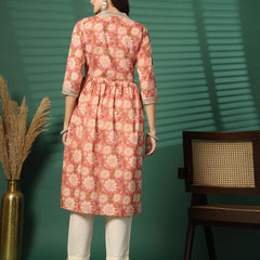 Largish Women's Peach Floral Print Cotton Naira Cut Kurta