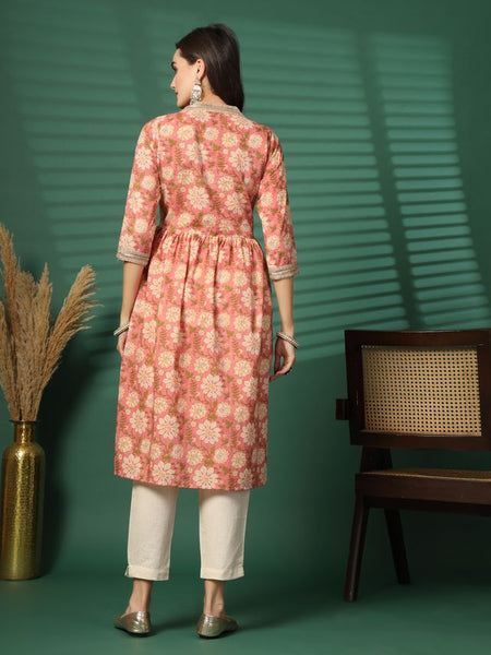 Largish Women's Peach Floral Print Cotton Naira Cut Kurta