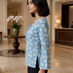 Gen Z inspired Powder Blue floral bell sleeve fitted Kurti with square neck and lace trim.