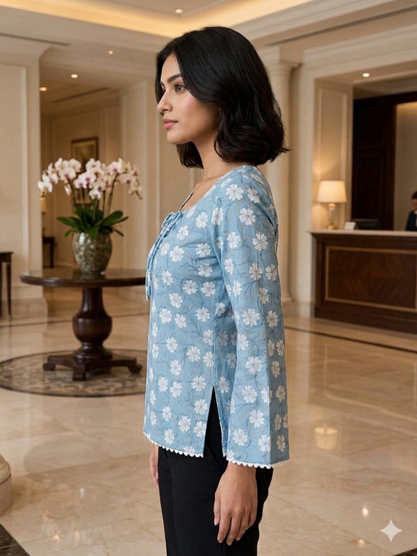 Gen Z inspired Powder Blue floral bell sleeve fitted Kurti with square neck and lace trim.
