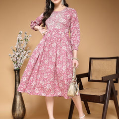 Largish Cotton Pink Floral Foil Print, Embroidered Dress