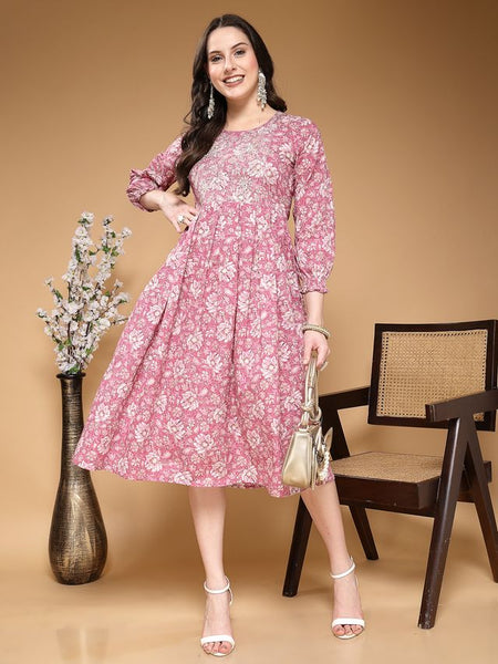 Largish Cotton Pink Floral Foil Print, Embroidered Dress