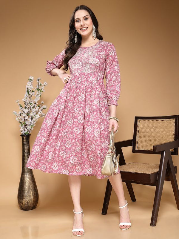 Largish Cotton Pink Floral Foil Print, Embroidered Dress