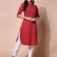 Largish Women's Red Cotton Printed Pathani Kurta