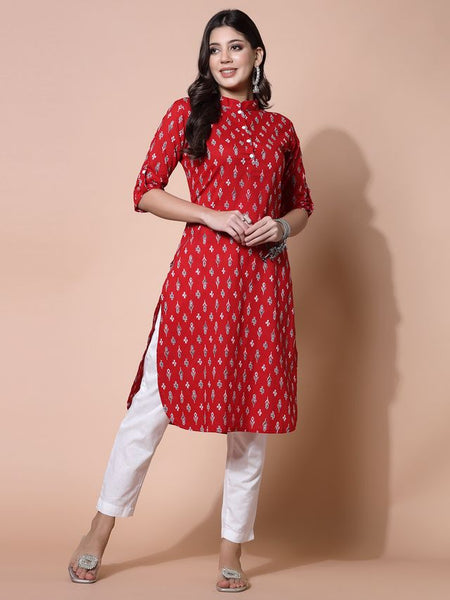 Largish Women's Red Cotton Printed Pathani Kurta