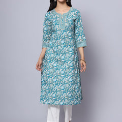 Largish Cotton Turquoise Foil Floral Print Kurta