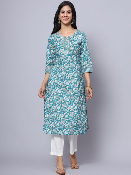 Largish Cotton Turquoise Foil Floral Print Kurta