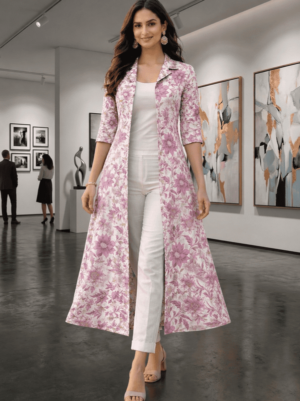 Largish Women's Rose Pink Floral Print Cotton Coat Collar Shrug