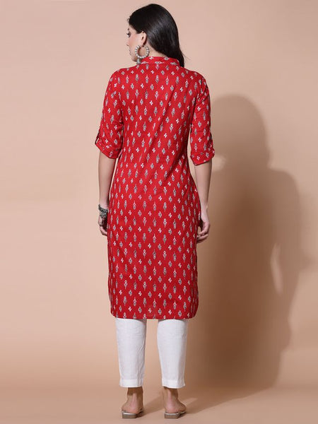 Largish Women's Red Cotton Printed Pathani Kurta