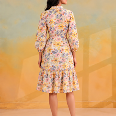 Largish Off White Cotton Floral Print Tiered and Flared A-line Dress
