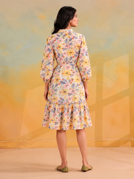 Largish Off White Cotton Floral Print Tiered and Flared A-line Dress